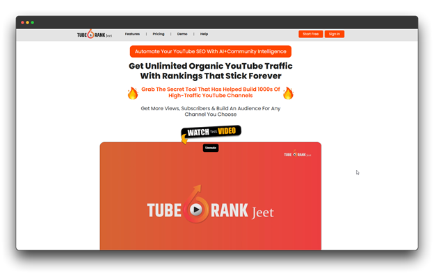 TubeRank Jeet YouTube SEO automation tool homepage promoting organic traffic growth - specialized AI tools for YouTube SEO with ranking optimization and audience building features"