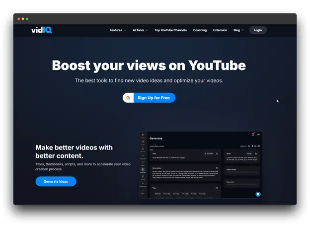 vidIQ, a YouTube SEO and analytics tool. Boost your YouTube views with features like video idea generation, optimization, and analytics. Sign up for free to improve your channel's performance.