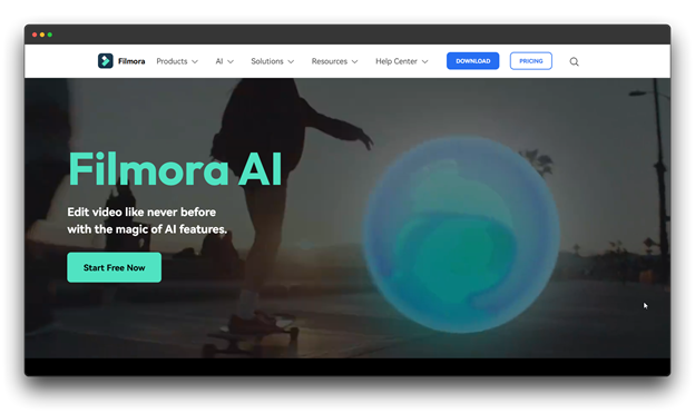 Filmora AI video editing software homepage with dark cinematic background - professional AI tools for YouTube SEO video editing with magic AI features for content creators" YouTube SEO , Al Tools for YouTube SEO : Al Tools""