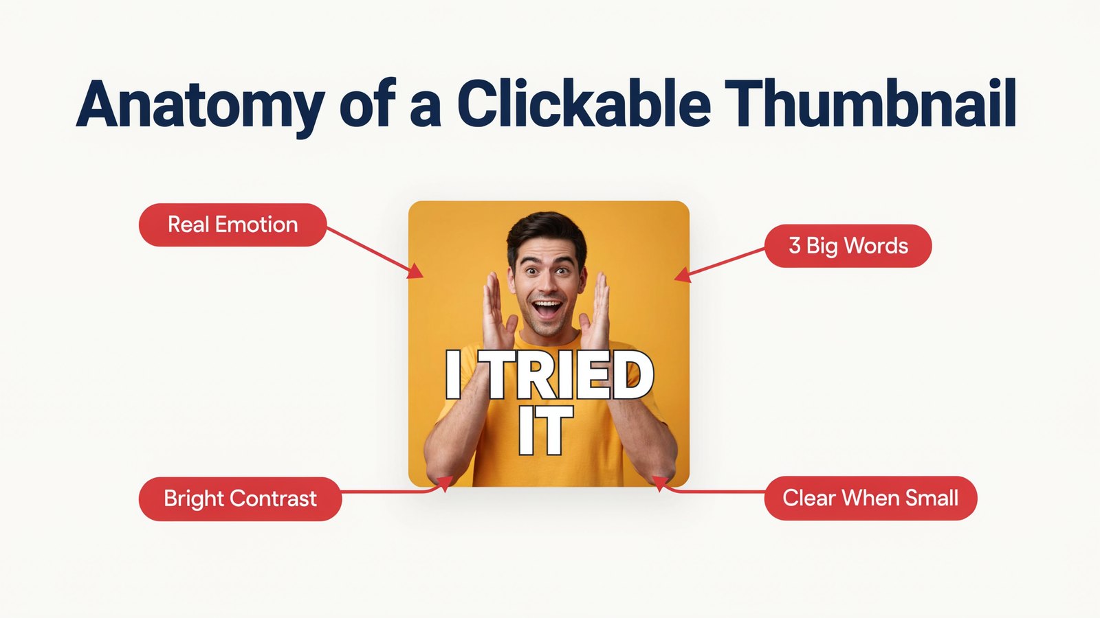 What makes a great YouTube thumbnail and title, with a clear face, big readable words, strong contrast and a curiosity gap