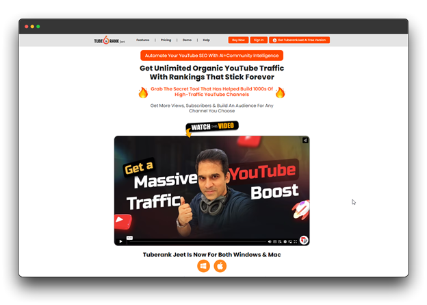 Tuberank Jeet software for YouTube SEO, offering unlimited organic traffic and ranking boosts. Get massive traffic and build a high-traffic YouTube channel.