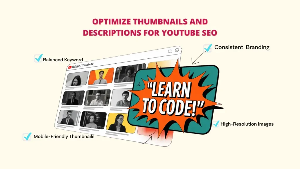 A visual guide illustrating how to optimize thumbnails and descriptions for YouTube SEO, showing a YouTube channel interface with a 'Learn to Code!' thumbnail, emphasizing consistent branding, balanced keywords, mobile-friendly thumbnails, and high-resolution images as best practices for YouTube SEO."