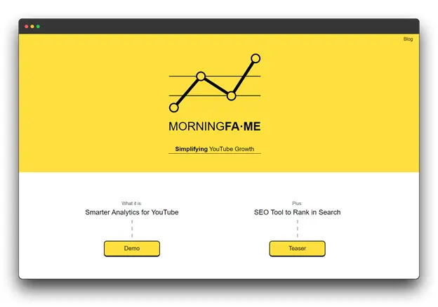 Morningfa.me, a YouTube growth platform. Features include smarter analytics and an SEO tool to help rank videos in search. Simplify your YouTube growth journey with Morningfa.me