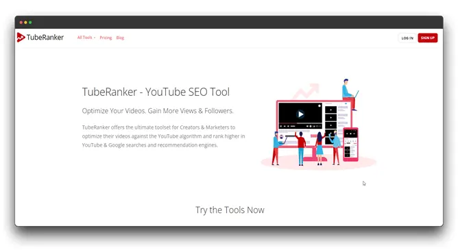 TubeRanker, a powerful YouTube SEO tool. Optimize your videos to rank higher in YouTube search results, gain more views, and attract more followers. Try the tools now to boost your channel's success