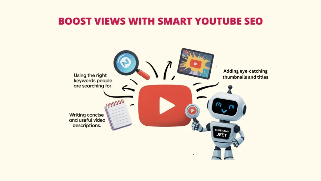 An illustration demonstrating how to boost views with smart YouTube SEO, featuring a robot character near a YouTube play button, with visual cues for using the right keywords, adding eye-catching thumbnails and titles, and writing concise video descriptions, all crucial for YouTube channel growth and best practices for YouTube SEO."