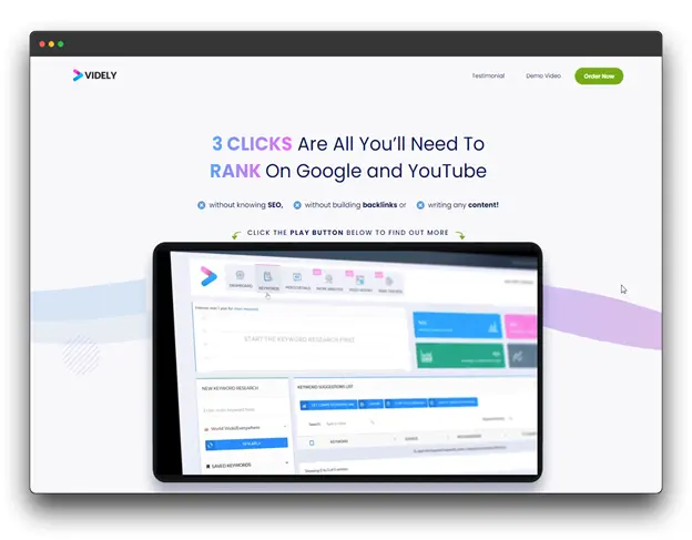 Videly, a YouTube and Google ranking tool. Rank your videos and website with just three clicks, even without SEO knowledge, backlinks, or content creation. Watch the demo to learn more