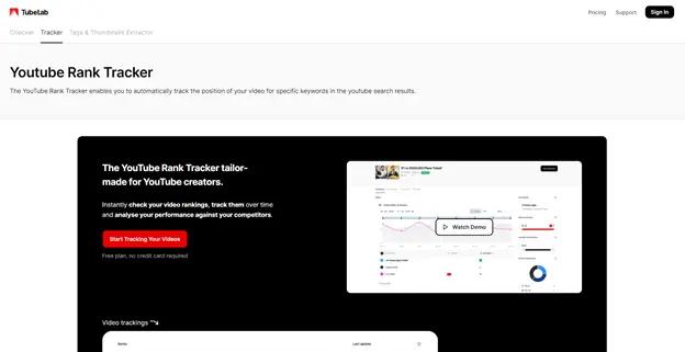 YTRank YouTube Rank Tracker, a tool for tracking your YouTube video rankings for specific keywords. Monitor your performance over time and compare against competitors. Start tracking your videos now for free.
