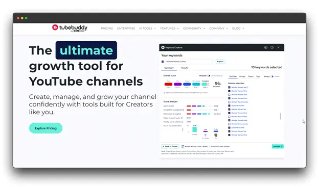 TubeBuddy, a comprehensive YouTube channel management tool. Features include keyword research, optimization, analytics, and video scheduling. Increase your channel's visibility and reach with TubeBuddy