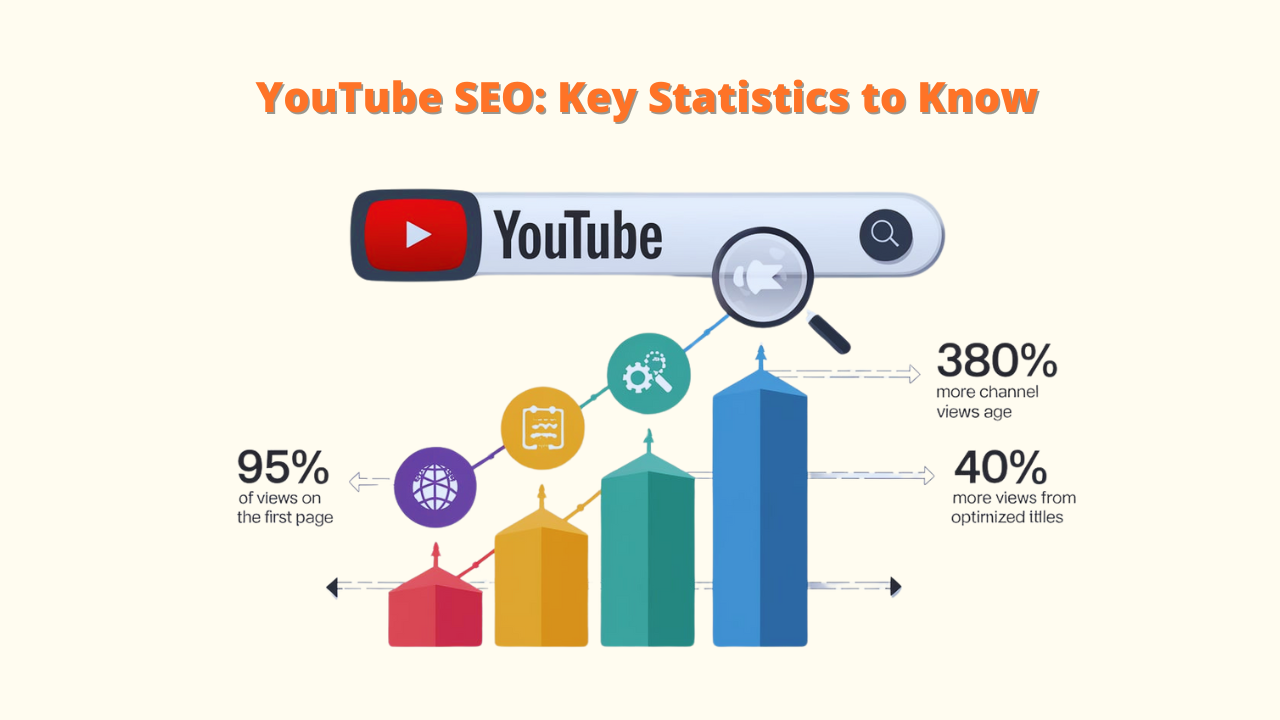 Key YouTube SEO statistics: 95% of views are on the first page, 380% more channel views come with age, and optimized titles can lead to 40% more views. Use these insights to improve your YouTube search rankings