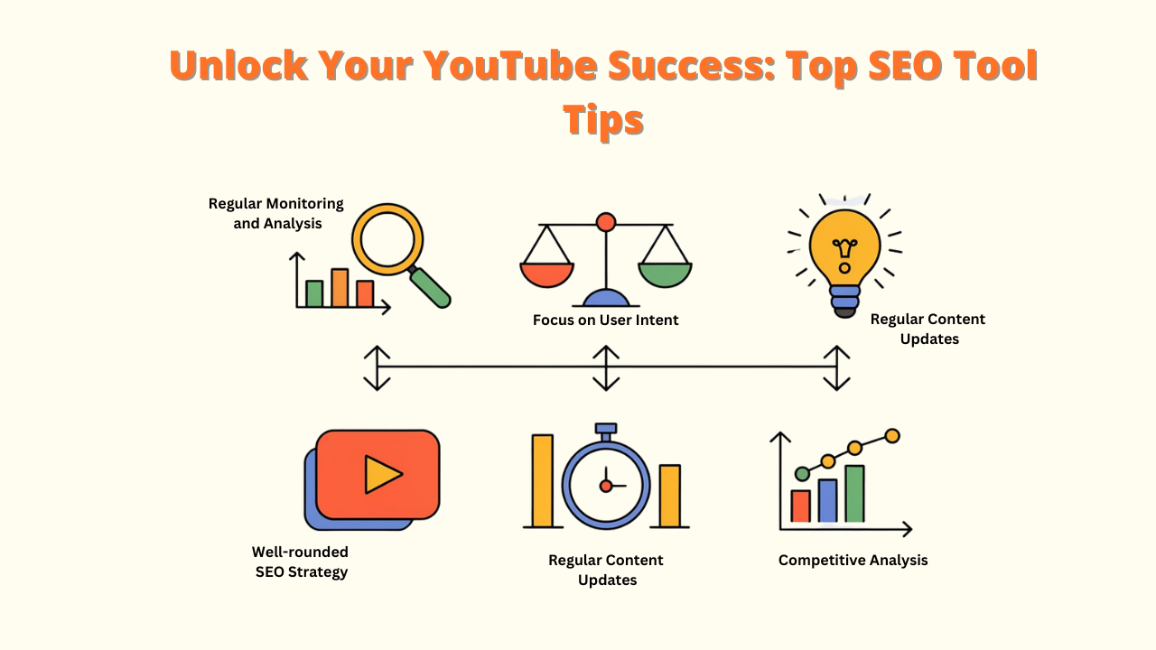 Unlock your YouTube success with these top SEO tool tips: Regularly monitor and analyze performance, focus on user intent, update content regularly, develop a well-rounded SEO strategy, and conduct competitive analysis. Follow these strategies to boost your YouTube channel's visibility and reach