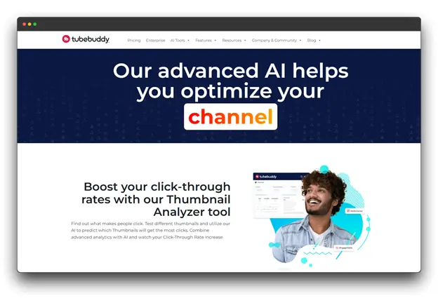 TubeBuddy advanced AI SEO tools for YouTube channel optimization and thumbnail analyzer"    SEO Tools for YouTube : SEO Tools.    