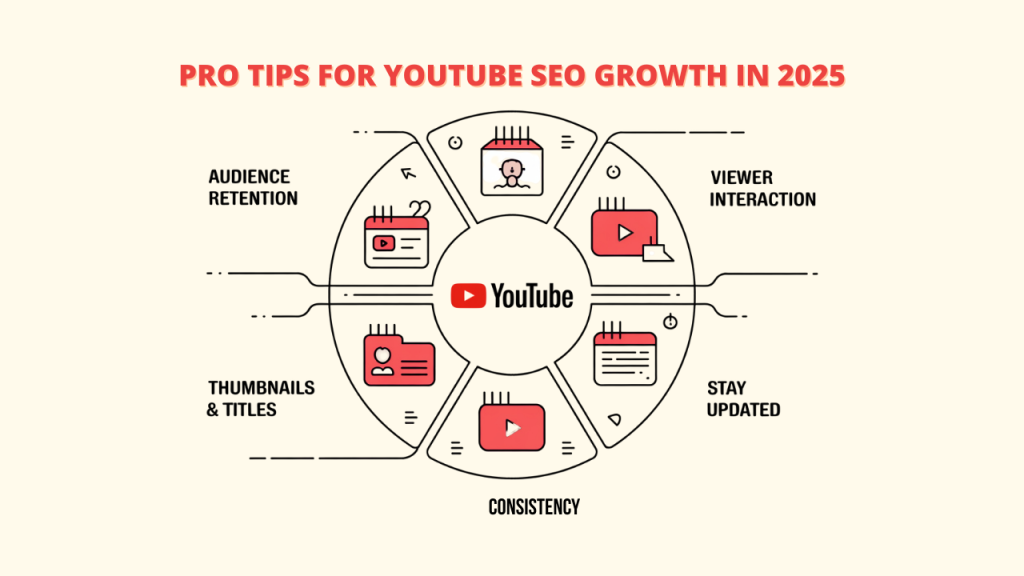 YouTube growth strategy showing audience retention, thumbnails, consistency, viewer interaction, and staying updated – SEO Tools for YouTube : SEO Tools.