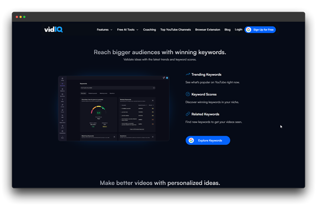 VidIQ YouTube optimization dashboard showing keyword research and analytics interface - essential AI tools for YouTube SEO with trending keywords and video performance metrics"