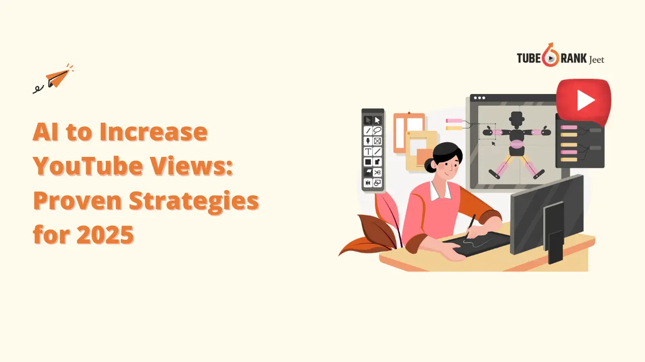 : "AI to increase YouTube views proven strategies for 2025 banner with TubeRank Jeet logo featuring illustrated content creator at computer with video editing interface and YouTube branding - increase YouTube views comprehensive guide"