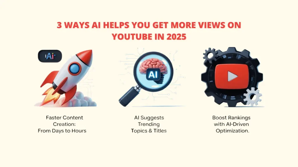 3 ways AI helps you get more views on YouTube in 2025 infographic showing faster content creation from days to hours, AI suggests trending topics and titles, boost rankings with AI-driven optimization - YouTube views AI strategies"