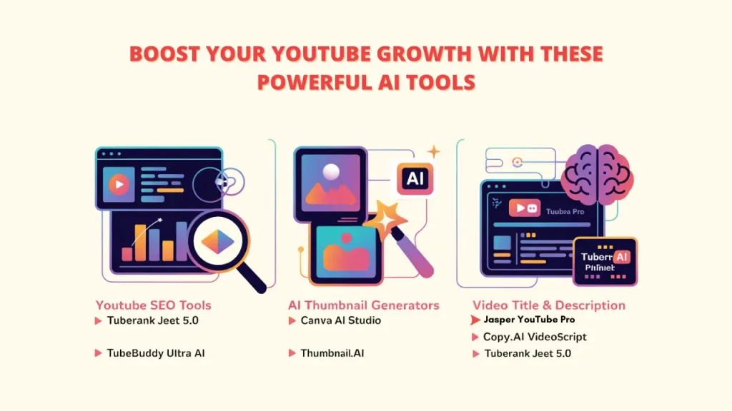
"Boost your YouTube growth with powerful AI tools showcase featuring YouTube SEO tools like Tuberank Jeet 5.0 and TubeBuddy Ultra AI, AI thumbnail generators including Canva AI Studio and Thumbnail.AI, video title and description tools - increase YouTube views with AI"