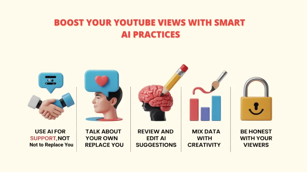 Boost your YouTube views with smart AI practices infographic displaying 5 key strategies: use AI for support not replacement, talk about your own content, review AI suggestions, mix data with creativity, be honest with viewers - increase YouTube views guide"