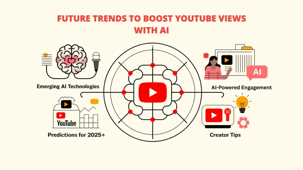 Future trends to boost YouTube views with AI infographic showing emerging AI technologies, predictions for 2025+, AI-powered engagement, and creator tips surrounding YouTube logo - AI to increase YouTube views strategies"