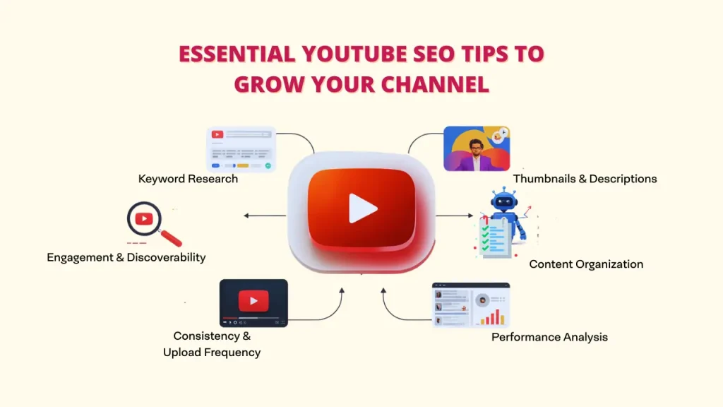 An infographic showcasing essential YouTube SEO tips to grow your YouTube channel, with a central YouTube play button surrounded by icons representing keyword research, thumbnails & descriptions, content organization, performance analysis, and consistency & upload frequency, highlighting best practices for YouTube SEO."