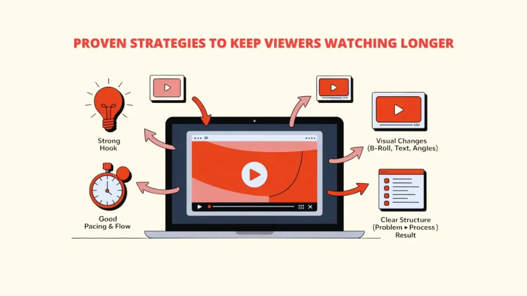 An infographic detailing "Proven Strategies to Keep Viewers Watching Longer," with a laptop showing a video and arrows pointing to tips like a strong hook, good pacing, visual changes, and clear structure, all aimed at improving Organic Traffic.