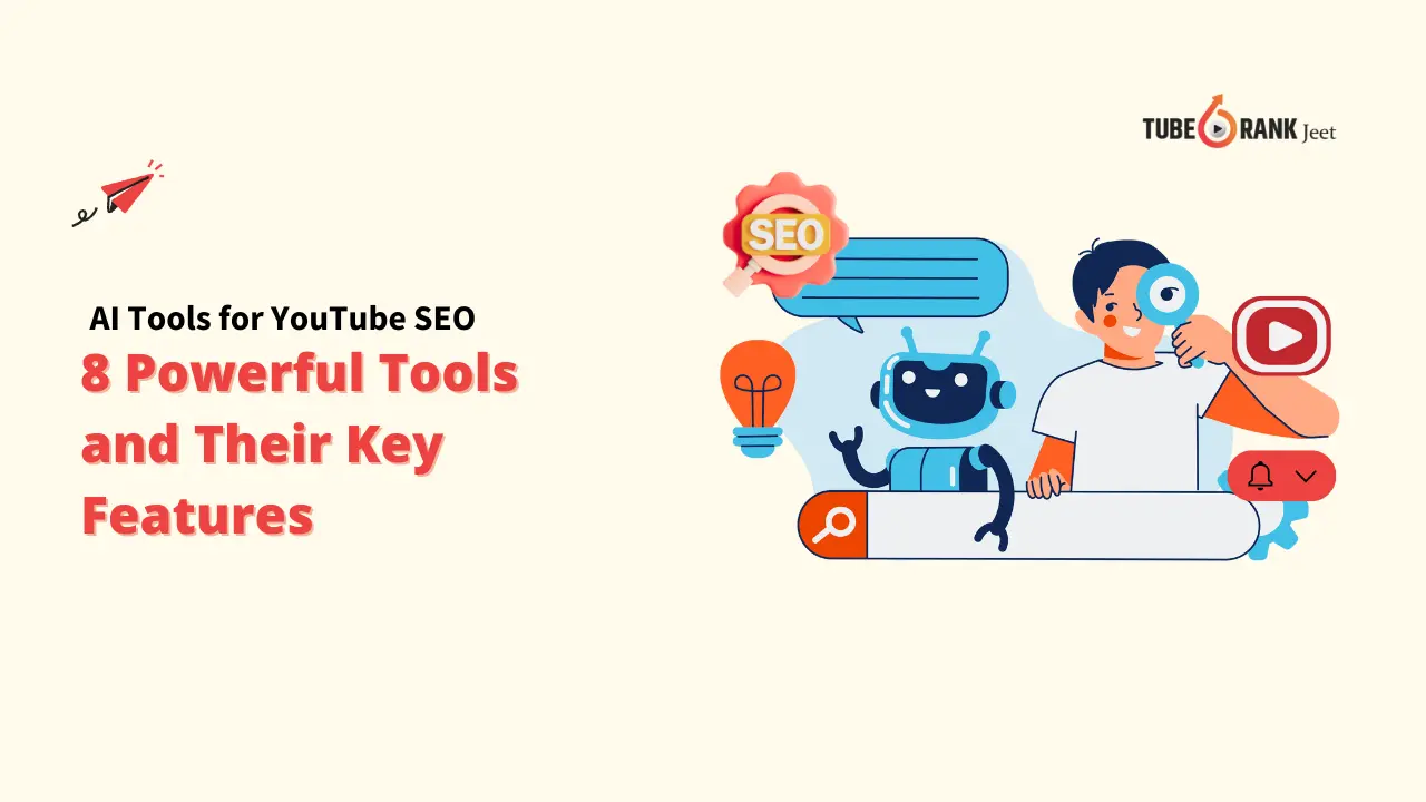 A close-up graphic showing a user's hand hovering over a web interface, with the words "YouTube SEO" highlighted in red. The image represents the use of AI tools to optimize YouTube videos. YouTube SEO , Al Tools for YouTube SEO : Al Tools